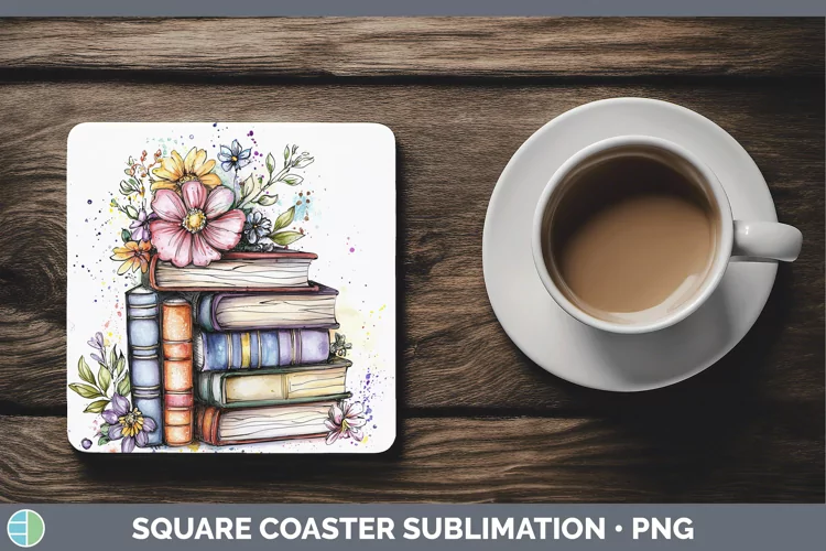 Watercolor Book Stack Square Coaster Sublimation Coaster Des