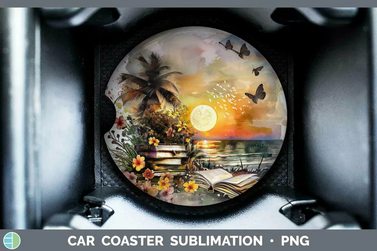 Watercolor Books Beach Car Coaster Sublimation Coaster Desig