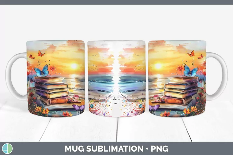 Watercolor Books Beach Mug Wrap Sublimation Coffee Cup Desig