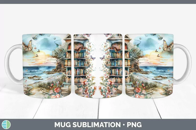 Watercolor Books Beach Mug Wrap Sublimation Coffee Cup Desig