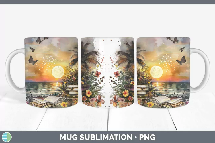 Watercolor Books Beach Mug Wrap Sublimation Coffee Cup Desig