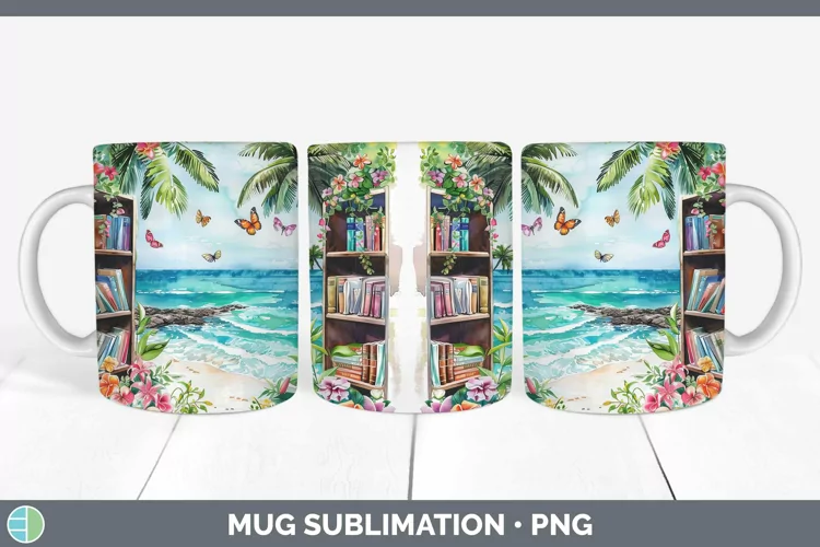 Watercolor Books Beach Mug Wrap Sublimation Coffee Cup Desig