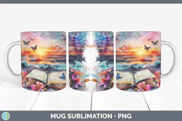 Watercolor Books Beach Mug Wrap Sublimation Coffee Cup Desig
