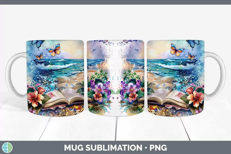 Watercolor Books Beach Mug Wrap Sublimation Coffee Cup Desig
