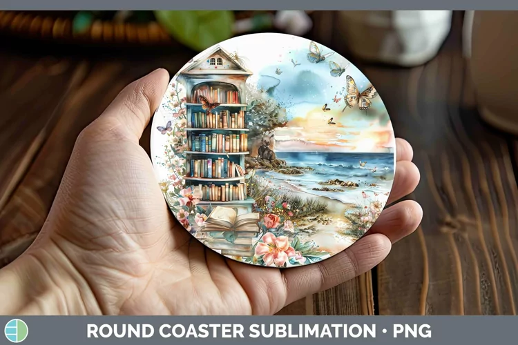 Watercolor Books Beach Round Coaster Sublimation Coaster Des