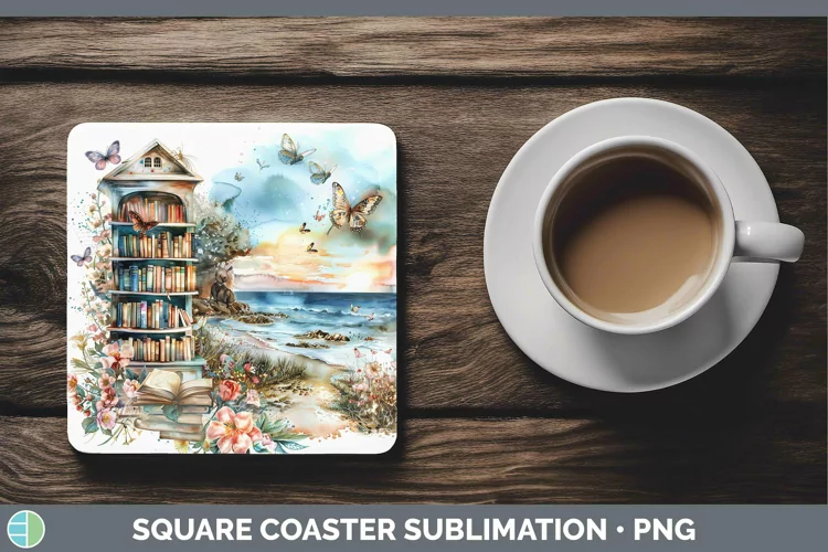 Watercolor Books Beach Square Coaster Sublimation Coaster De