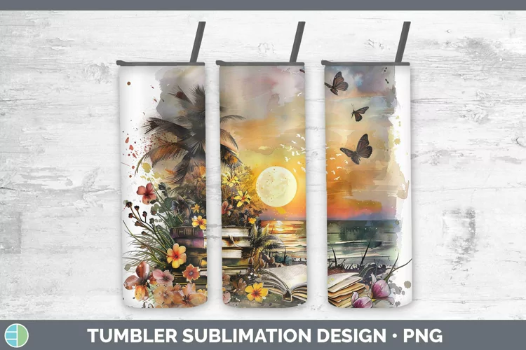 Watercolor Books Beach Tumbler Sublimation 20 oz Skinny Tumb