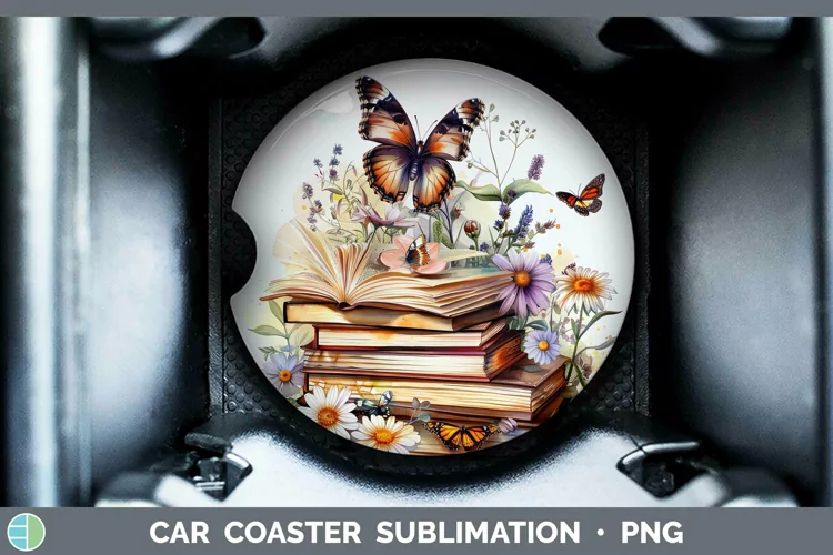 Watercolor Books Butterfly Car Coaster Sublimation Coaster D