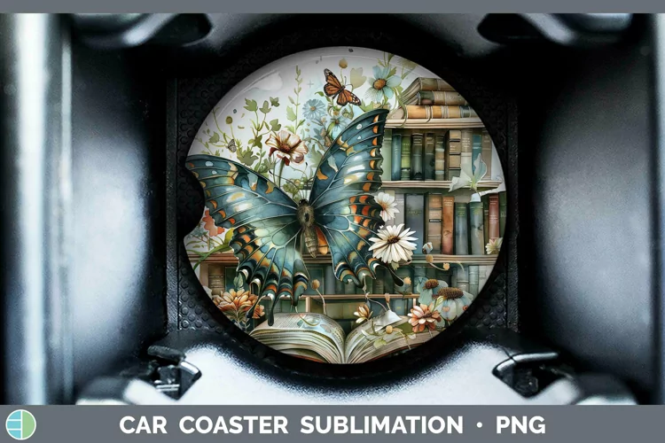 Watercolor Books Butterfly Car Coaster Sublimation Coaster D