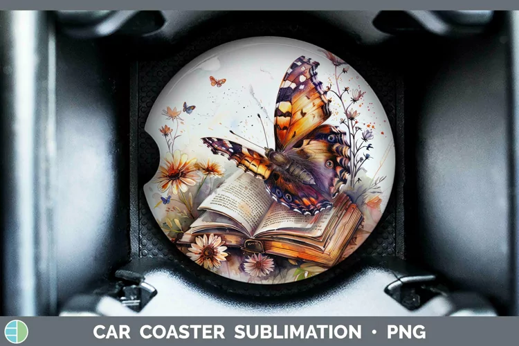 Watercolor Books Butterfly Car Coaster Sublimation Coaster D