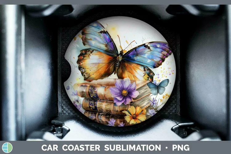 Watercolor Books Butterfly Car Coaster Sublimation Coaster D