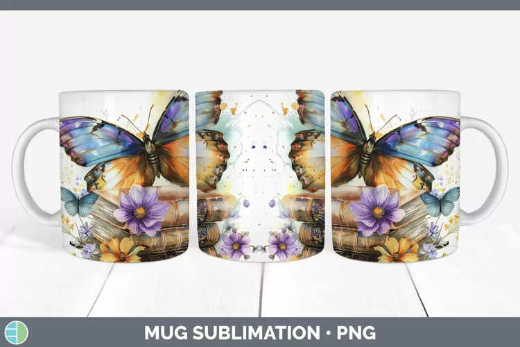 Watercolor Books Butterfly Mug Wrap Sublimation Coffee Cup D