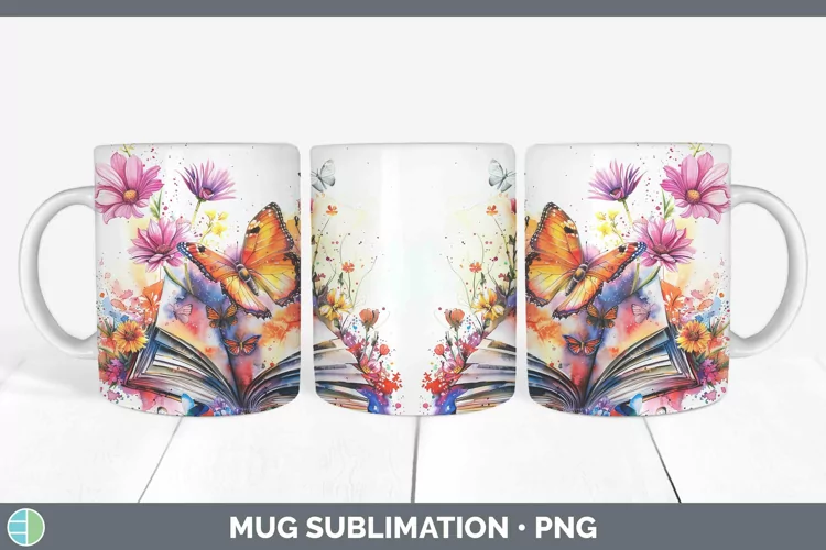 Watercolor Books Butterfly Mug Wrap Sublimation Coffee Cup D