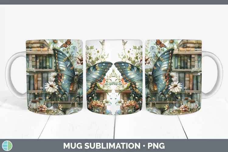 Watercolor Books Butterfly Mug Wrap Sublimation Coffee Cup D