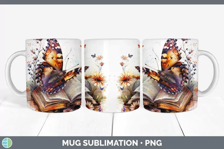 Watercolor Books Butterfly Mug Wrap Sublimation Coffee Cup D