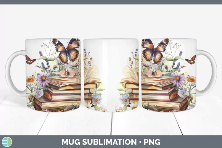 Watercolor Books Butterfly Mug Wrap Sublimation Coffee Cup D