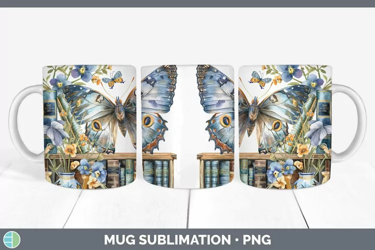 Watercolor Books Butterfly Mug Wrap Sublimation Coffee Cup D