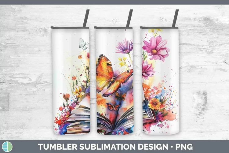 Watercolor Books Butterfly Tumbler Sublimation 20 oz Skinny