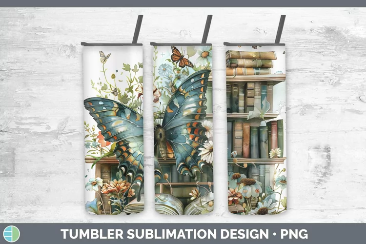 Watercolor Books Butterfly Tumbler Sublimation 20 oz Skinny