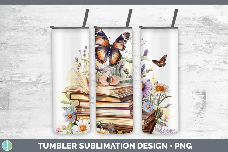 Watercolor Books Butterfly Tumbler Sublimation 20 oz Skinny