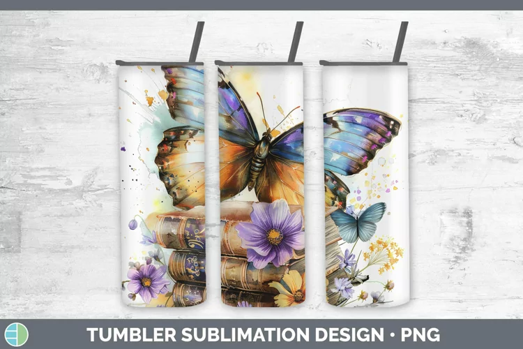 Watercolor Books Butterfly Tumbler Sublimation 20 oz Skinny