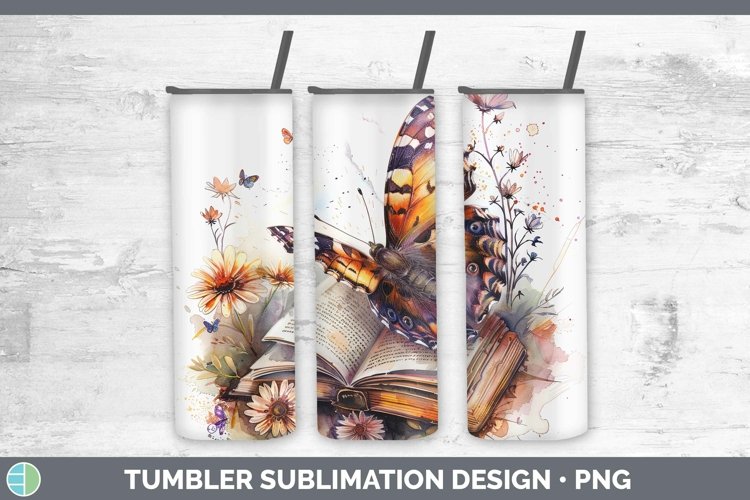 Watercolor Books Butterfly Tumbler Sublimation 20 oz Skinny