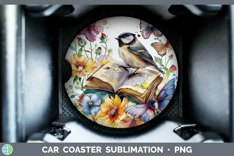 Watercolor Books Chickadee Car Coaster Sublimation Coaster D