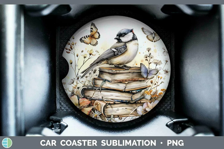Watercolor Books Chickadee Car Coaster Sublimation Coaster D