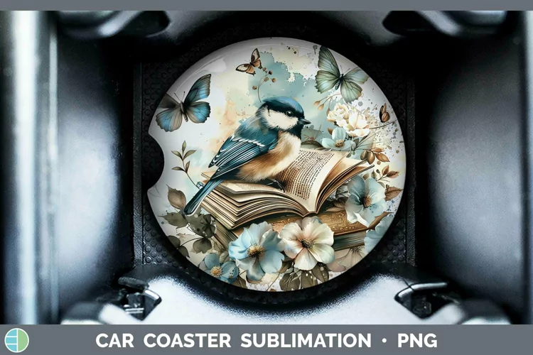 Watercolor Books Chickadee Car Coaster Sublimation Coaster D