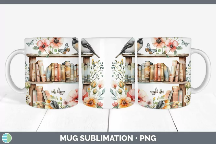 Watercolor Books Chickadee Mug Wrap Sublimation Coffee Cup D
