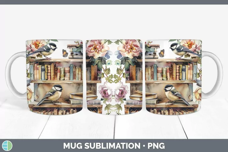 Watercolor Books Chickadee Mug Wrap Sublimation Coffee Cup D