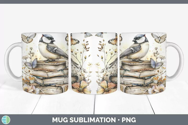 Watercolor Books Chickadee Mug Wrap Sublimation Coffee Cup D