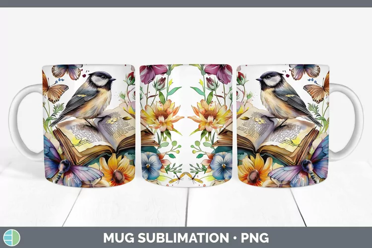 Watercolor Books Chickadee Mug Wrap Sublimation Coffee Cup D