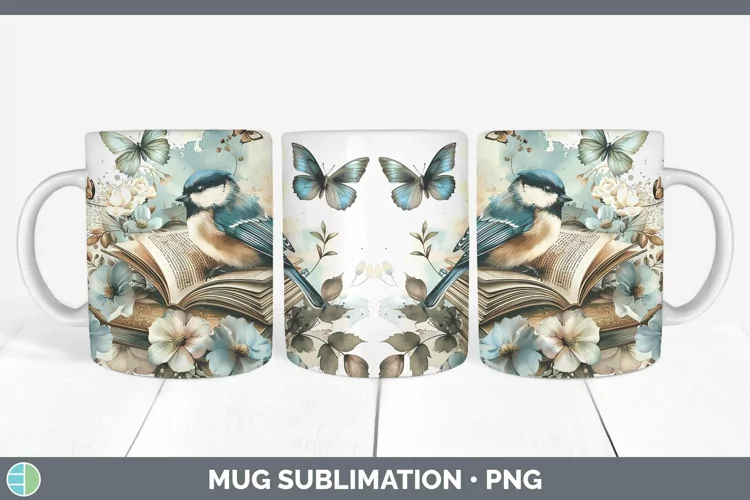 Watercolor Books Chickadee Mug Wrap Sublimation Coffee Cup D