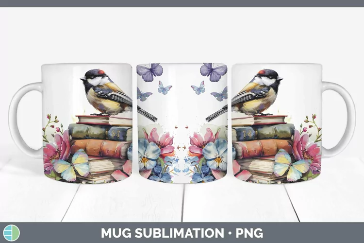 Watercolor Books Chickadee Mug Wrap Sublimation Coffee Cup D