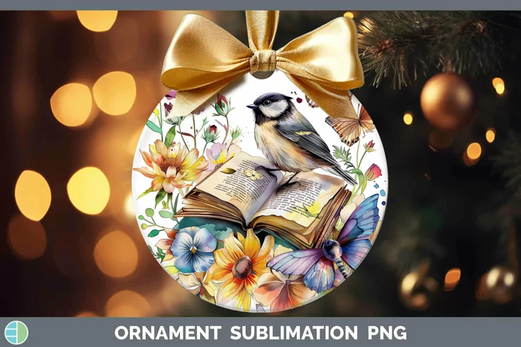 Watercolor Books Chickadee Ornament Sublimation Bauble Desig