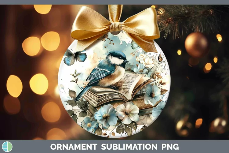 Watercolor Books Chickadee Ornament Sublimation Bauble Desig