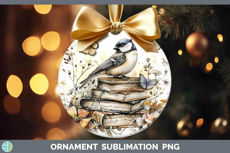 Watercolor Books Chickadee Ornament Sublimation Bauble Desig