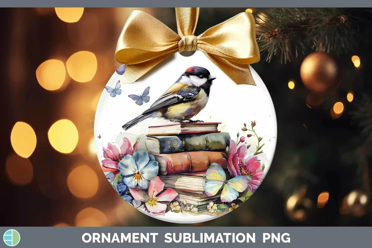 Watercolor Books Chickadee Ornament Sublimation Bauble Desig