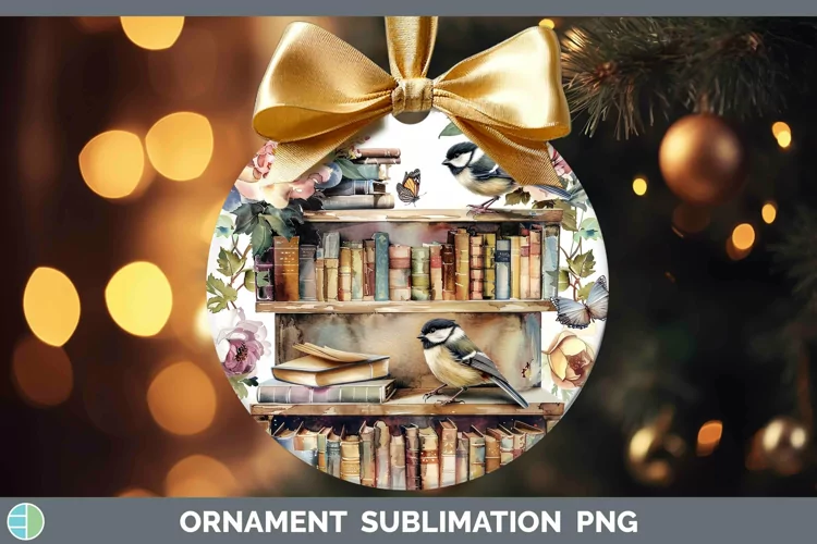 Watercolor Books Chickadee Ornament Sublimation Bauble Desig