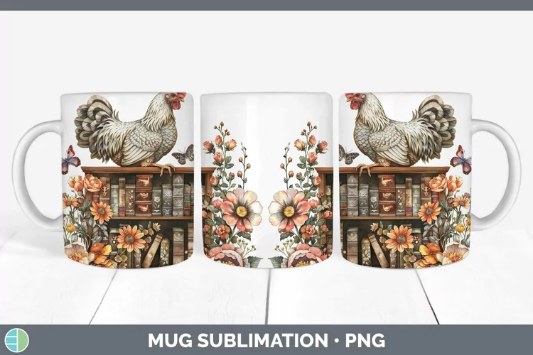 Watercolor Books Chicken Mug Wrap Sublimation Coffee Cup Des