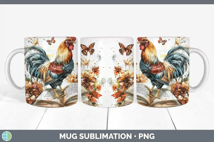 Watercolor Books Chicken Mug Wrap Sublimation Coffee Cup Des