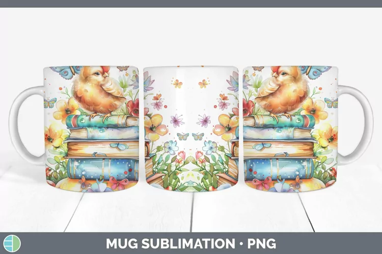 Watercolor Books Chicken Mug Wrap Sublimation Coffee Cup Des