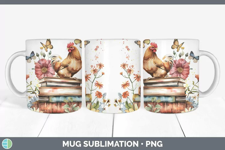 Watercolor Books Chicken Mug Wrap Sublimation Coffee Cup Des