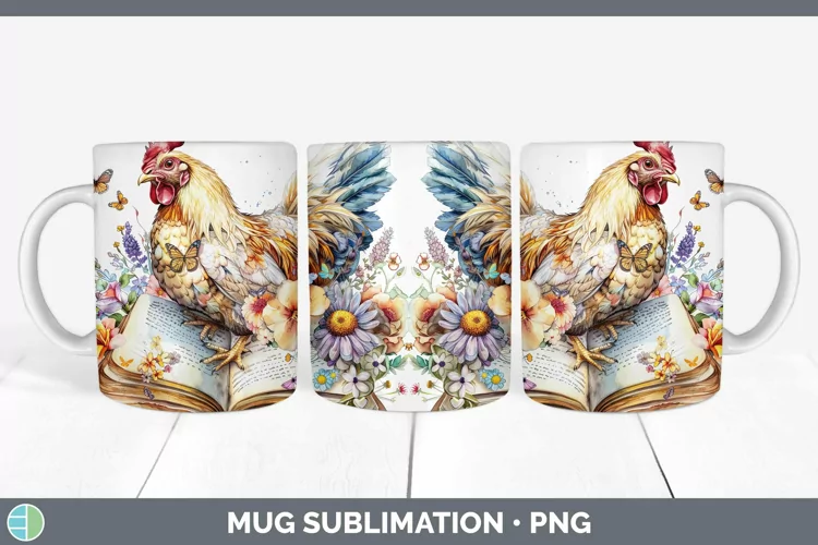 Watercolor Books Chicken Mug Wrap Sublimation Coffee Cup Des
