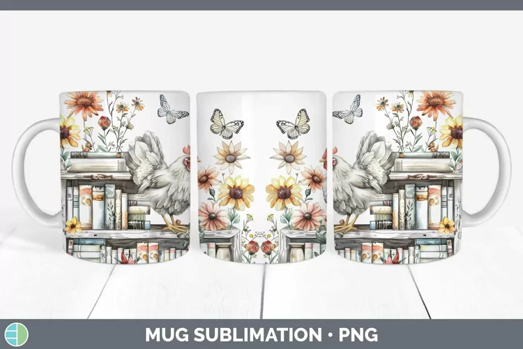 Watercolor Books Chicken Mug Wrap Sublimation Coffee Cup Des