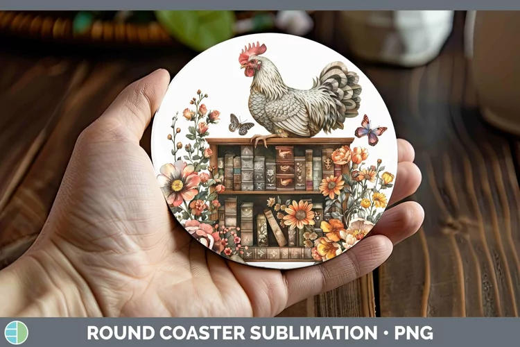 Watercolor Books Chicken Round Coaster Sublimation Coaster D
