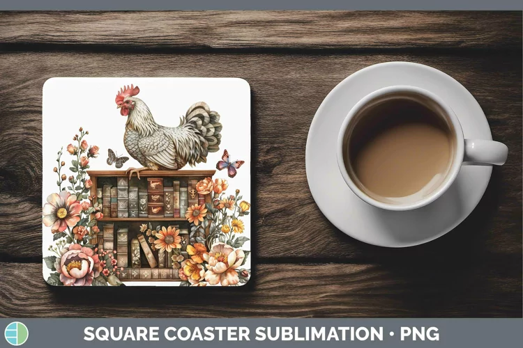 Watercolor Books Chicken Square Coaster Sublimation Coaster