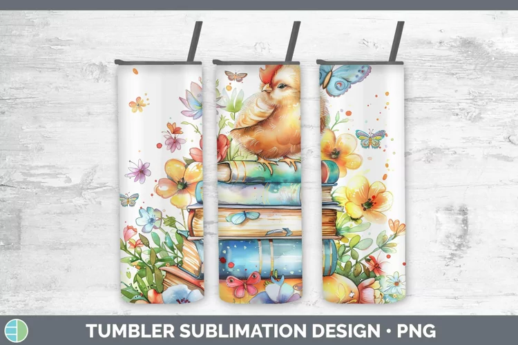Watercolor Books Chicken Tumbler Sublimation 20 oz Skinny Tu