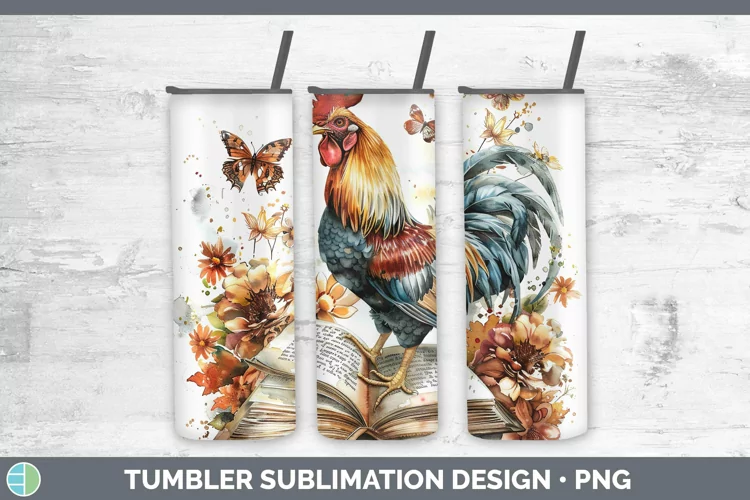 Watercolor Books Chicken Tumbler Sublimation 20 oz Skinny Tu